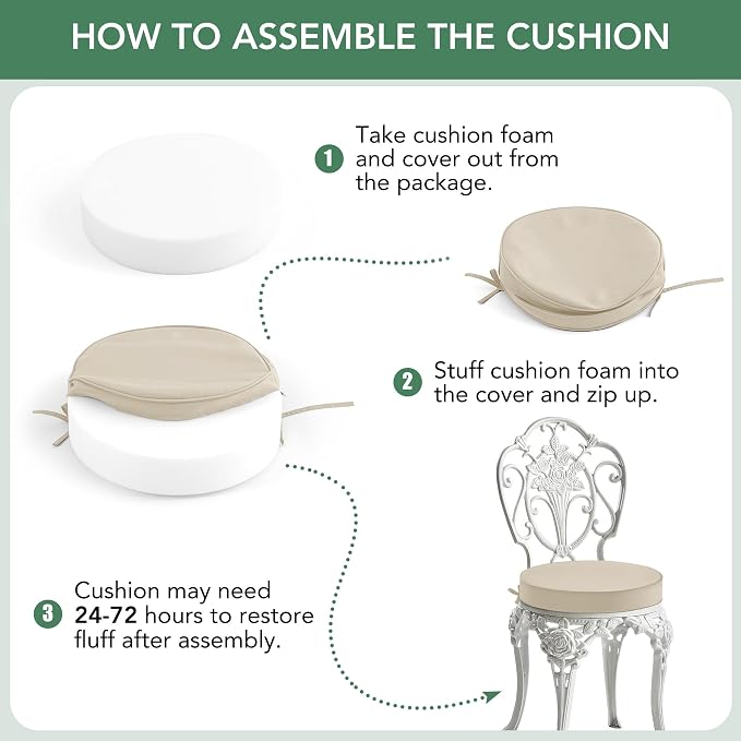 Summsun Outdoor Bistro Chair Cushions Set of 2, 15" D x 3" H Round Chair Cushions Waterproof and Fade Resistant Chair Cushion Pads with Non-Slip Ties and Removable Covers for Garden, Cream