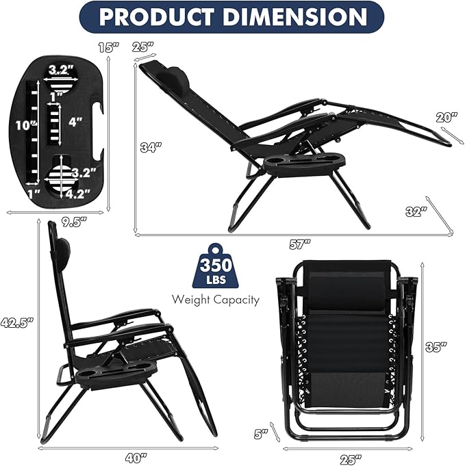 Giantex Zero Gravity Reclining Chair, Outdoor Patio Recliner with Cup Holder & Removable Pillow, Adjustable Backrest, Indoor Lounge Chair for Backyard, Garden, Poolside (Black)