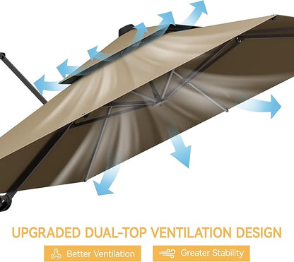 10x10 FT Patio Umbrella with Base, Large Cantilever Double Top Heavy Duty Offset Umbrellas with 360° Rotation, Outdoor shade for Garden Deck Pool, Tan