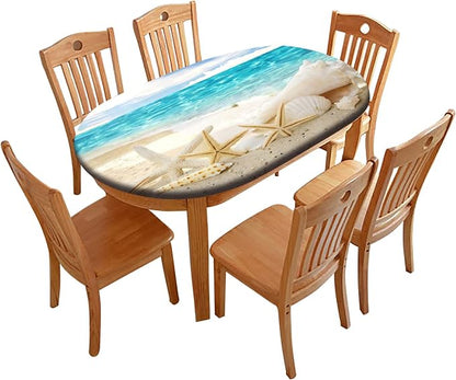 Oval Seashore with Shells Fitted Table Cover, Summer Sea Sun Beach Elastic Edged Polyester Waterproof Table Cover, for Indoor Restaurant or Outdoor Patio Party Dining, Fits Tables up to 54" W x 76" L