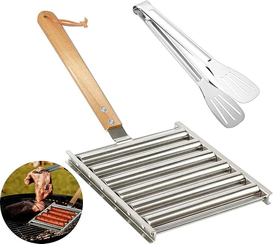 Hot Dog Roller Stainless Steel Sausage Roller Rack with Extra Wood Handle,BBQ Hot Dog Griller for Evenly Cooked Hot Dogs,5 Hot Dog Capacity,Grill Accessories with Tongs