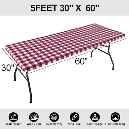 Smiry Rectangle Picnic Table Cloth, Elastic Waterproof Fitted Vinyl Tablecloths, Flannel Backed Buffalo Plaid Table Covers for Dining, Camping, Outdoor (Burgundy and White, 30" x 60")