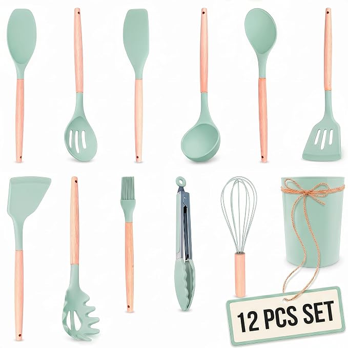 12Pcs Mint Green Kitchen Accessories with Holder for Nonstick Pans | Silicone Cooking Utensils Set for BBQ; Heat-Resistant Tools with Wooden Handles for Baking, Serving, Frying, and Mixing
