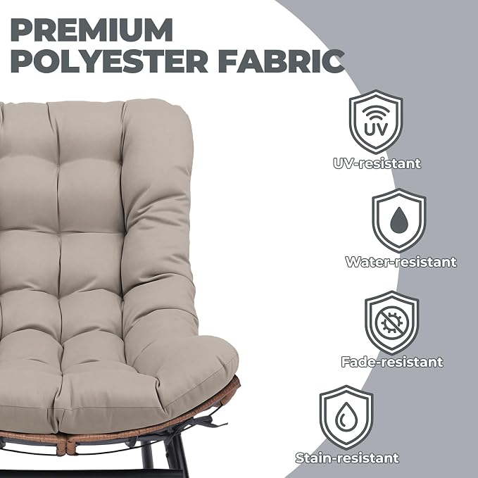 COMHOMA Outdoor Rocking Papasan Chair, Oversized Wicker Patio Rocker, Indoor Comfy Wicker Reading Lounge, Bed-Like Comfort Egg Chair for Bedroom,Balcony, Porch, Garden, Brown