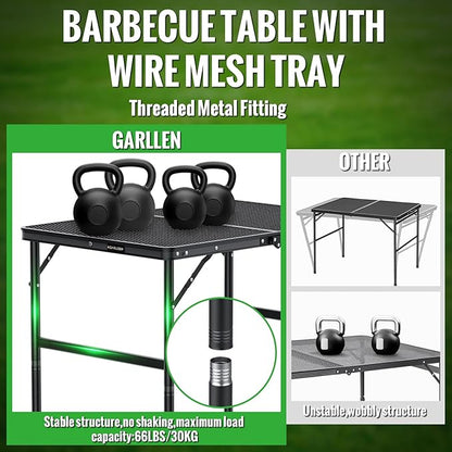 GARLLEN Folding Grill Table, 2-Height Adjustable Folding Camping Table with Heat-Resistant Wider Tabletop, Portable Aluminum Outdoor Tables for BBQ, Camping, Picnic, 35" L x 21.65" W, Black