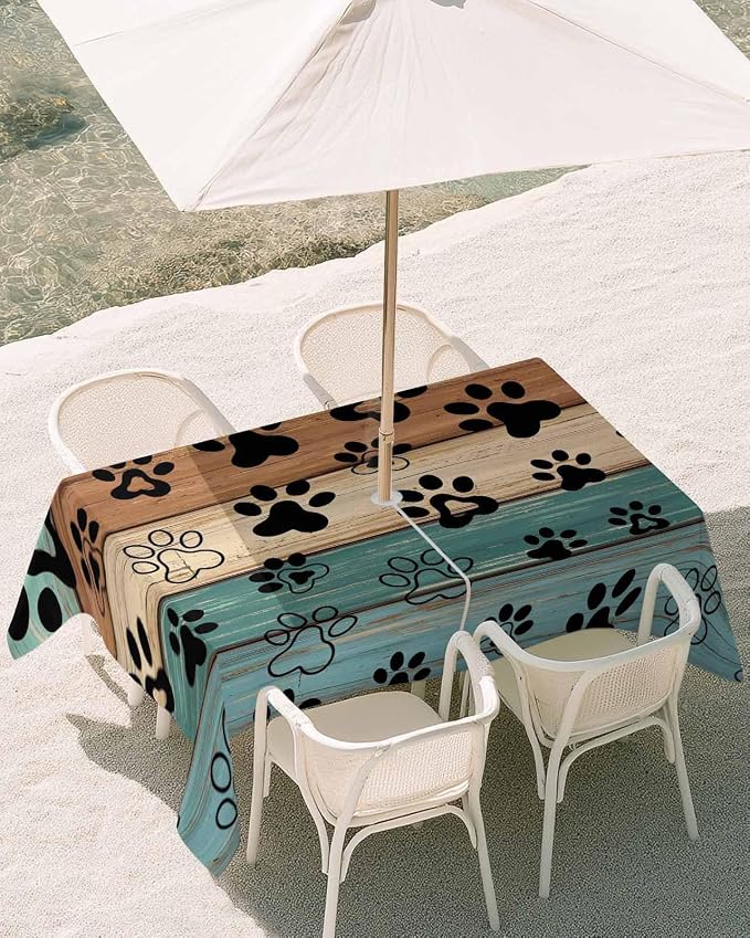 Dog Paw Print Outdoor Tablecloth - 52x70 Inch Rectangle Dining Table Cover, Rustic Teal Brown Beige Wooden Farmhouse Waterproof Outdoor Table Cloth with Umbrella Hole & Zipper for Picnic/Patio/Party