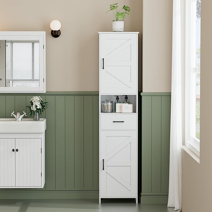 Homhedy 67" H Tall Bathroom Storage Cabinet with Barn Doors and Drawer | Narrow Storage Unit with Adjustable Shelves, Floor Cabinet for Bathroom, Living Room, Entryway or Kitchen, White, 15.7" W