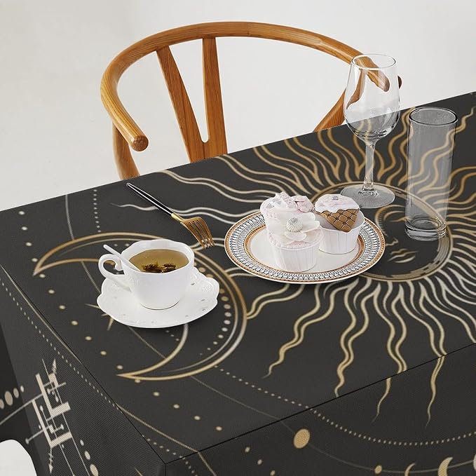 Vintage Sun Tablecloth Boho Celestial Star Magical Galaxy Space Moon Phases Table Cloth Water Resistant Wipeable Table Cover for Farmhouse Picnic Party Holiday Kitchen Dinner Table 60"x90"