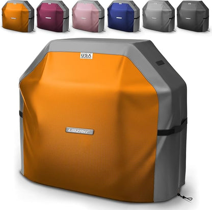 LIBZAKI Grill Cover 420D Waterproof, Weather Resistant, Rip-Proof, Anti-UV, Fade Resistant,Gas Grill Cover for Weber,Char Broil,Nexgrill Grills, etc.52 inches-Gray/Orange