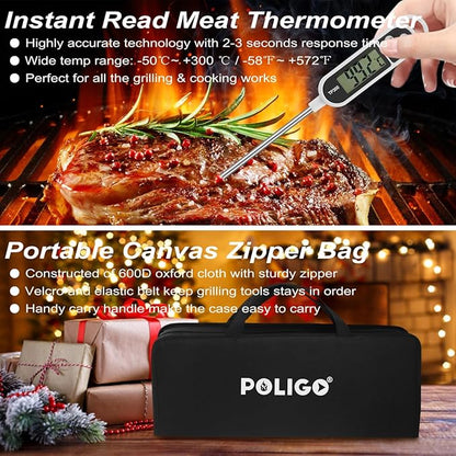 POLIGO 29 PCS BBQ Grill Accessories Stainless Steel BBQ Tools Grilling Tools Set with Storage Bag for Fathers Day Dads Birthday Presents - Camping Grill Utensils Set Ideal Grilling Gift for Men Silver