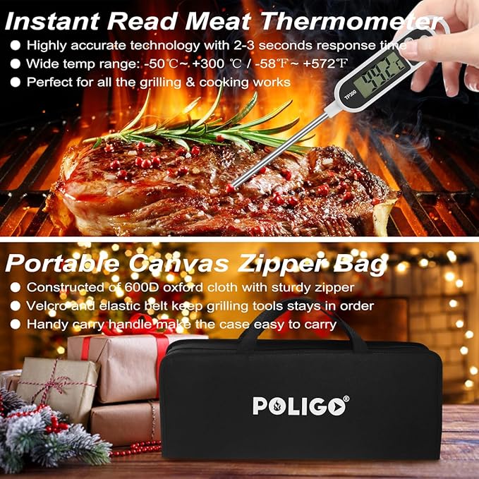 POLIGO 29 PCS BBQ Grill Accessories Stainless Steel BBQ Tools Grilling Tools Set with Storage Bag for Fathers Day Dads Birthday Presents - Camping Grill Utensils Set Ideal Grilling Gifts for Men Brown