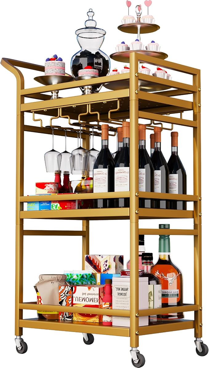 Soywey Bar Cart,Gold Bar Cart,Home Bar Serving Carts,3-Tier Alcohol cart,Cart with Wheels,Suitable for Restaurants, Bars, Kitchens,Gold Colours