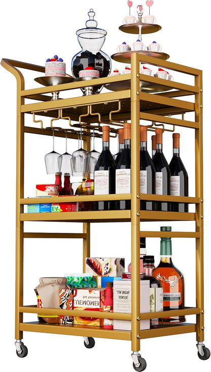 Soywey Bar Cart,Gold Bar Cart,Home Bar Serving Carts,3-Tier Alcohol cart,Cart with Wheels,Suitable for Restaurants, Bars, Kitchens,Gold Colours