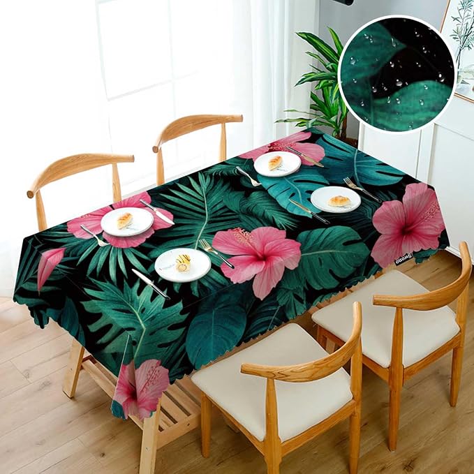 Swono Palm Leaves Table Cover Tropical Flower Jungle Palms Hibiscus 50x72 Inch Table Cloth for Rectangle Tables Buffet Parties Coffee BBQ and Dinning Tablecloth
