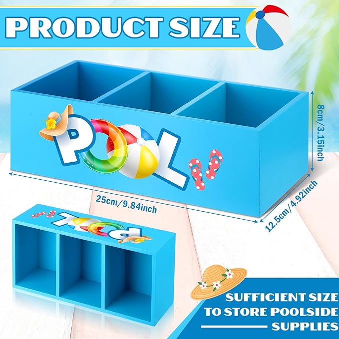 CroBlissful Pool Storage Basket Summer Swimming Pool Wooden Box with 3 Compartments Colorful Toilet Tank Tray for Indoor Outdoor Summer Beach Decor Sunblock Sunglasses Flip Flop Storage Box