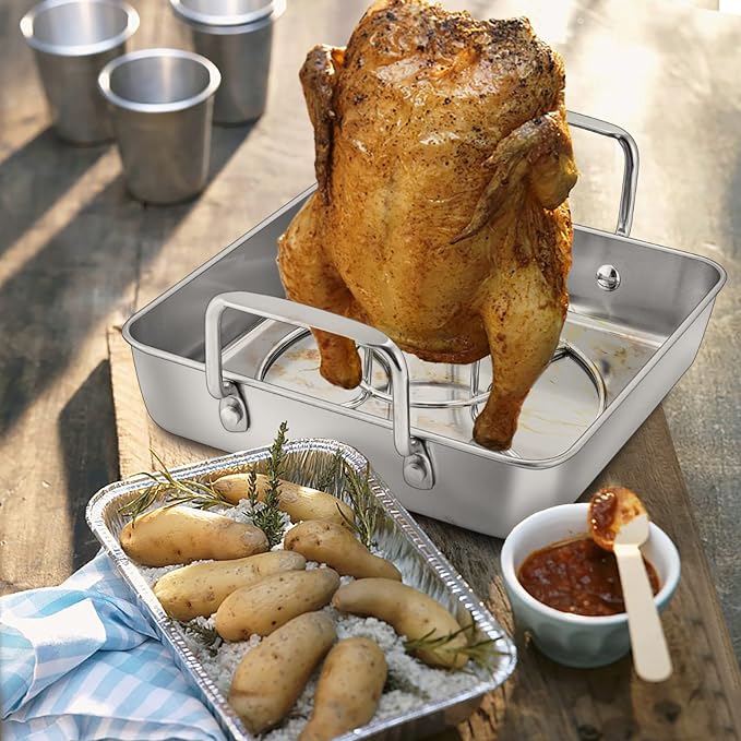 TeamFar Roasting Pan with Beer Can Chicken Holder, Drip Pan for Oven-2PCS | Stainless Steel Square Baking Pan with Vertical Stand, for Grill Oven Smoker BBQ Roasting, Dishwasher Safe(1 Pan + 1 Rack)