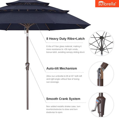ABCCANOPY 9FT 3-Tier Acrylic Patio Umbrella, 10-Year No Fading, Navy Blue | Heavy Duty Fade-Resistance Outdoor Table Umbrella, 8 Sturdy Ribs, Tilt, Crank for Deck, Backyard, Garden, Yard, Pool