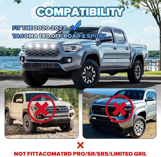 4PCS Grill Light Fit for Tacoma TRD Off Road & Sport OEM 2020-2023 White | with Fuse Adaptor, with 4-in-1 Wire Harness, LED Grille Light Bar Compatible with Toyota Tacoma TRD Off Road & Sport OEM