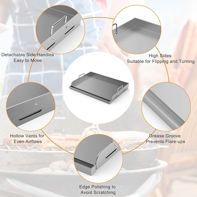 Griddle for Gas Grill, Universal Fry Griddle Flat Top Plate, 17" x13” Metal Cooking Griddle Pan Flat Top Rectangular Plate with Removable Handles for Gas Stove/Charcoal/Gas Grills