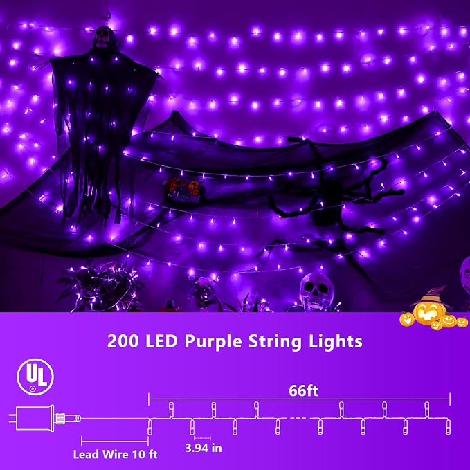 YEGUO 66ft 200 LED Halloween Lights Outdoor Waterproof, Purple String Lights Indoor Plug in, 8 Modes Clear Wire Purple Lights for Halloween Holiday Home Tree Garden Patio Decor