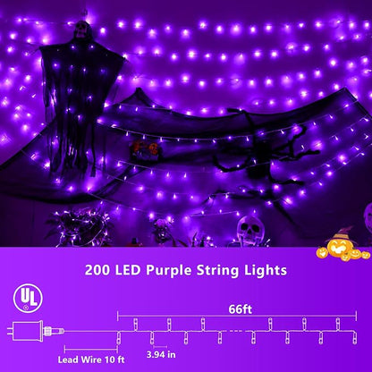 YEGUO 66ft 200 LED Halloween Lights Outdoor Waterproof, Purple String Lights Indoor Plug in, 8 Modes Clear Wire Purple Lights for Halloween Holiday Home Tree Garden Patio Decor