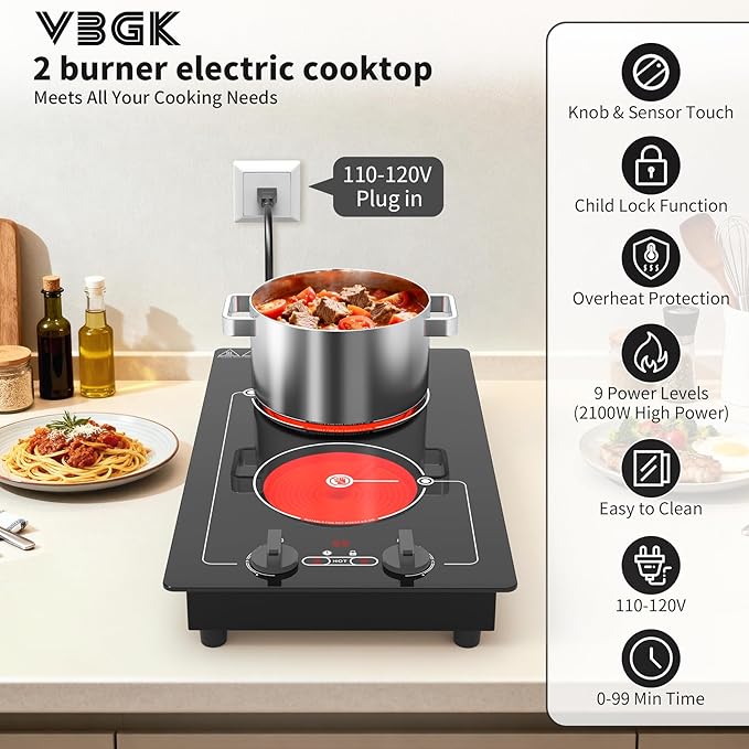 VBGK Electric cooktop, Built-in Design and CountertopStove Top with Knob Control&Touch Control,9 PowerLevel, Timer & Kid Safety Lock,110-120V 2100W 2burner Electric cooktop