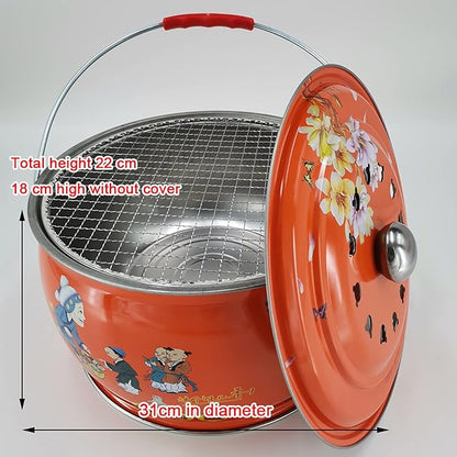 Grill for Outdoor 12.2-inch Round Shape Charcoal Grill Brazier with Handle and Vibrant Color Pattern Outdoor Camping Courtyard Picnic Roast Meat Home BBQ Charcoal Oven Barbecue Grill ( Color : Blue )