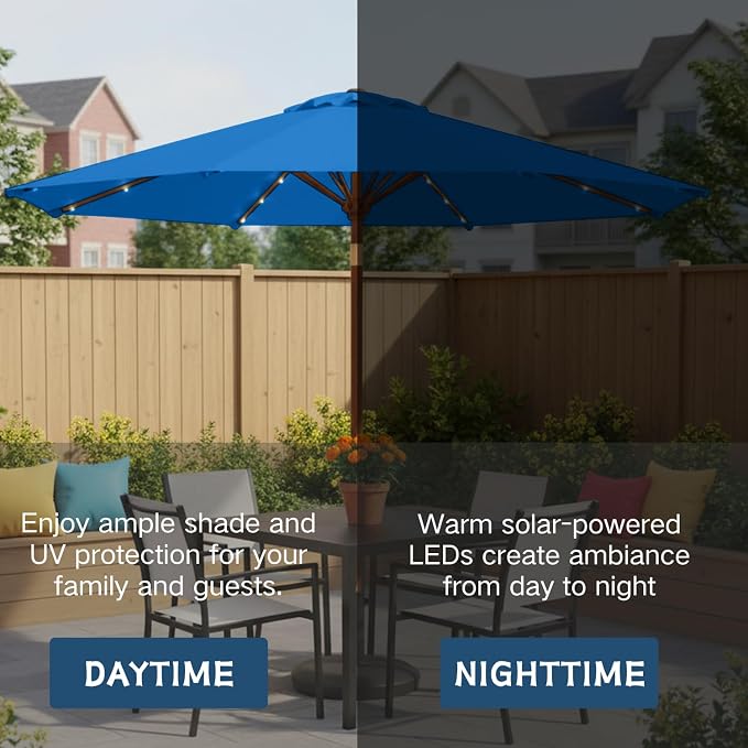 9' Solar LED Patio Umbrella with Tilt & Crank|8 Sturdy Ribs,UV Protection,Outdoor Market Table Umbrella for Deck,Lawn,Pool,Backyard(Royal blue)