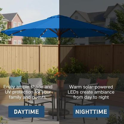 9' Solar LED Patio Umbrella with Tilt & Crank|8 Sturdy Ribs,UV Protection,Outdoor Market Table Umbrella for Deck,Lawn,Pool,Backyard(Royal blue)