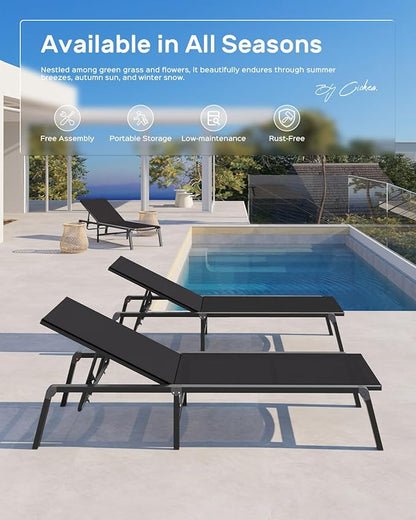 Patio Chaise Lounge Chair Set of 4, Foldable Lounge Chair for Outside, Aluminum Chairs with 5 Adjustable Backrest, Outdoor Pool Lounger for Poolside, Lawn, Patio, Black