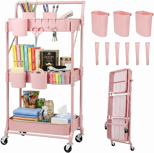 Amatic 3-Tier Folding Rolling Utility Cart with Wheels, Foldable Storage Cart Organizer with 3 Hanging Cups & 6 Hooks for Kitchen, Office, Living Room, Nursery(Pink)