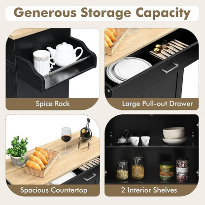 COSTWAY Kitchen Island On Wheels, Rolling Storage Trolley Cart | with Large Cabinet, Drawer, Spice Rack and Towel Rack, Kitchen Serving Utility, 3-Position Adjustable Shelf (Black)