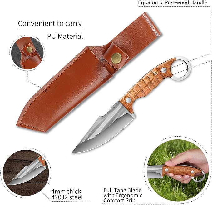 Plys Fixed Blade Hunting Knives Ergonomic Full Tang Camping Knife Rosewood Handle Multi-Tool Tactical Bushcraft Knife for Kitchen, Hiking, EDC Belt Carry, Lightweight Outdoor Survival Gear