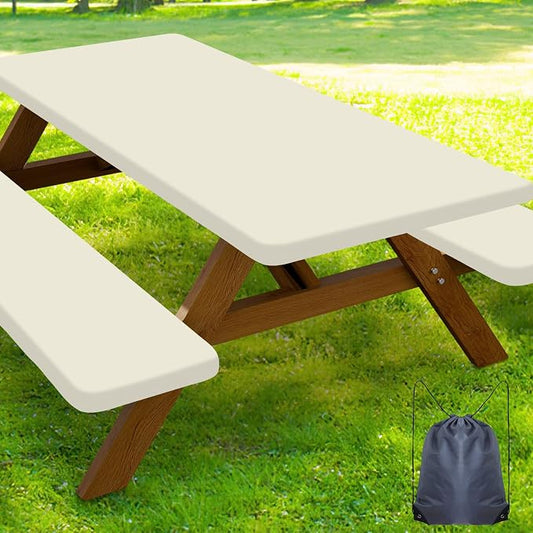 Smiry Picnic Table Cover with Bench Covers, Waterproof Elastic Fitted Polyester Tablecloths for 8 Ft Rectangle Tables, Washable Windproof Tablecloth for Camping, RV & Outdoor (Beige, 30x96 Inches)