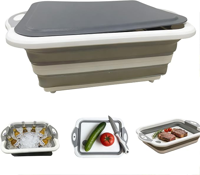 3-in-1 Collapsible Camping Cutting Board Space-Saving BBQ Prep Tub with Lid | Foldable Tray Camping Sink Dish Tub, 2.38Gal, Folds to 1.5" Thin for Meat and Fruits in Kitchen RV Picnic BBQ Camping (Grey)