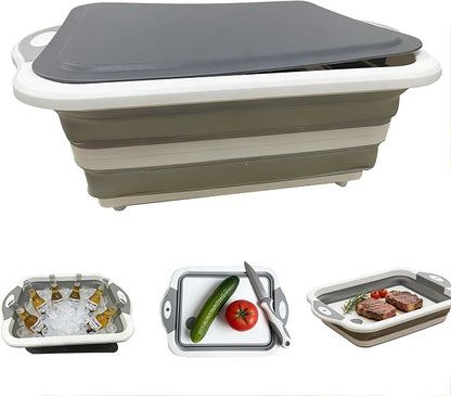 3-in-1 Collapsible Camping Cutting Board Space-Saving BBQ Prep Tub with Lid | Foldable Tray Camping Sink Dish Tub, 2.38Gal, Folds to 1.5" Thin for Meat and Fruits in Kitchen RV Picnic BBQ Camping (Grey)