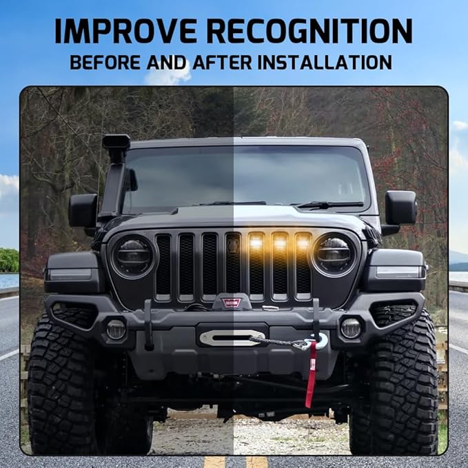 6 in 1 Grill Lights Fit for Jeep Wrangler 2018-2023, IP68 Waterproof Front Bumper Grille Light Daytime Running Light LED Runing Marker Lamp Accessories(Amber)