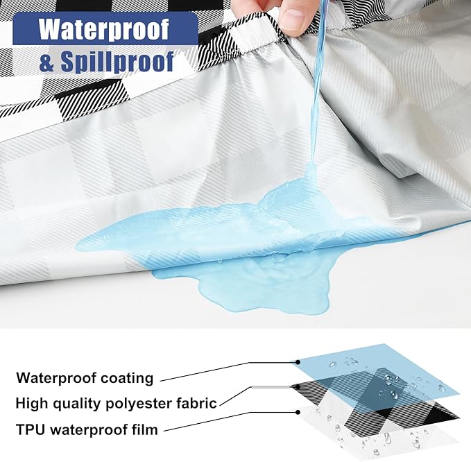 Smiry Picnic Table Cloth 2 Pack, Waterproof Elastic Fitted Tablecloths for 18x72 Rectangle Tables, Washable Polyester Buffalo Plaid Tablecloth for Camping, Dining & Outdoor (Black & White, 18" x 72")