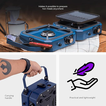 2-Burner Foldable Cetro Camping Stove CFBM PF-1921 with Griddle Portable Propane Camp Stove with 2 Adjustable Burners Piezo Ignition