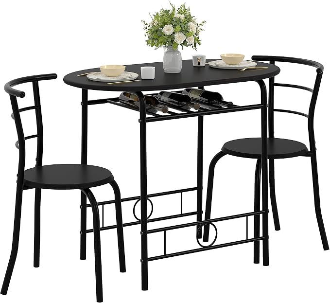 VECELO 3-Piece Dining Table Set for Kitchen Breakfast Nook, Wood Grain Oval Tabletop and Metal Frame with Built-in Wine Rack, for Small Spaces, Black