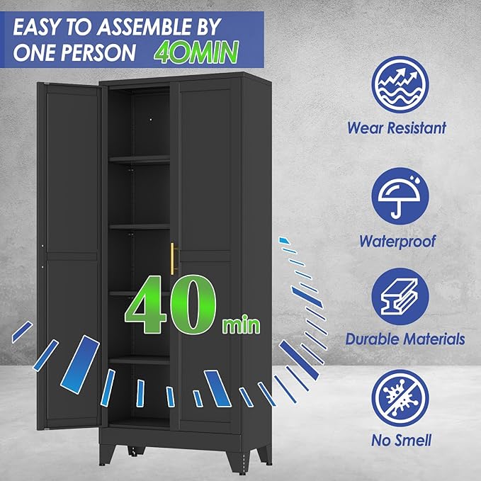 71" Metal Garage Storage Cabinet with 2 Doors and 4 Adjustable Shelves,Metal Storage Cabinets,Steel Tool Cabinets for Home,Office,Garage,Warehouse (Black, 71''H x 29''W x 14''D)