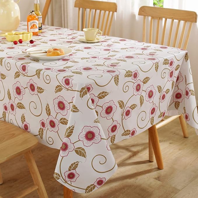 Spring Summer Vinyl Tablecloth with Flannel Backing Rectangle 60 x 120 Inch | 100% Water & Oil Proof Plastic Table Cloth, Floral PVC Table Cover for Camping, Party, Picnic, Outdoor