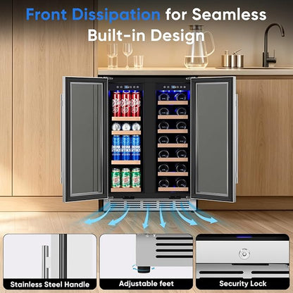 24 Inch Built-in Wine and Beverage Refrigerator Dual Zone | Under Counter Wine Fridge with Glass Door, Digital Touch Panel with °C/°F Switch, Low Noise Cooling for Kitchen, Home Use