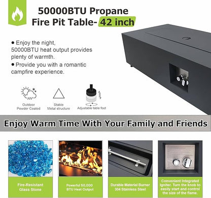SUNPEAK 42" Rectangular Propane Fire Pit Table 50,000 BTU Fireplace Table with Wind Guard, Lid, Rocks and Cover - Fire Pits & Outdoor Fireplaces - Gas Fire Pits for Outside Patio (Black, 42")