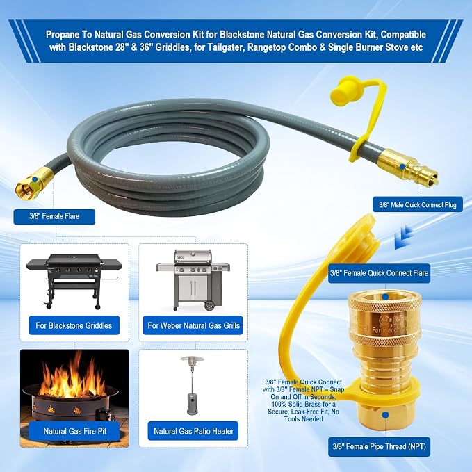 5249 Natural Gas Conversion Kit for Blackstone Grill 28" 36" Griddle, Propane to Natural Gas Conversion Kit w/10ft Natural Gas Hose, Silicone Grill Tool Mat, Grease Cup Liners, 3/8" Quick Connect Etc.