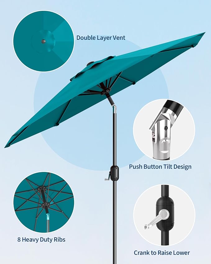 GarveeLife 9 ft Patio Umbrella, Outdoor Table Market Umbrella with Push Button Tilt and Crank, 8 Sturdy Ribs UV Protection Waterproof for Garden, Deck, Backyard, Pool (Turquoise Blue)