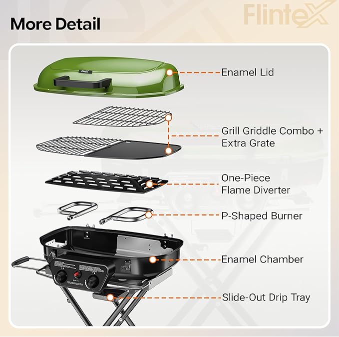 Flintex 2-Burner Portable Propane Gas Grill, Foldable 2-in-1 Camping Propane Grill with Porcelain-Enameled Griddle & Grill Grate for Outdoor Camping Picnics Backyard Cooking, Green