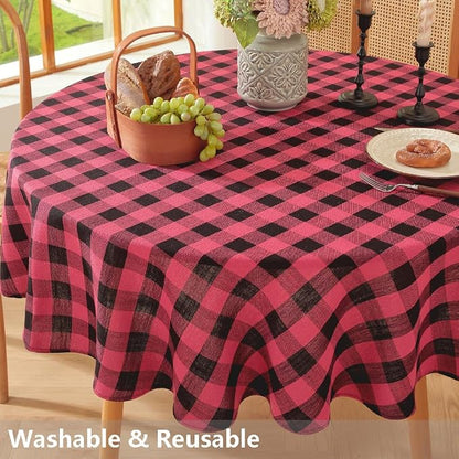TruDelve Round Christmas Tablecloth 60 Inch Red and Black Checkered Cloth Tablecloths Circle Table Cloth (Red,60",Round)