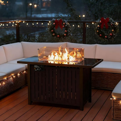 43 Inch Outdoor Propane Fire Pit Table 50,000 BTU, Rectangle Gas Fire Pit with Glass Wind Guard & Tempered Glass Top for Outside Patio & Backyard, Includes Rain Cover & Glass Beads