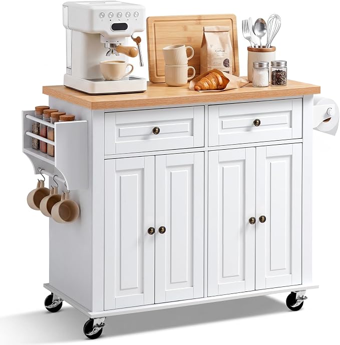 VEVOR Kitchen Island Cart with Storage, 43.7 in Wide Mobile Rolling Storage Island on Swivel Wheels, with 2 Drawers, Storage Cabinet, Spice/Towel Rack, Hooks, Table for Home Dining Room, White | Home Dining Use, Spice Towel Rack With Hooks, Cabinet She...